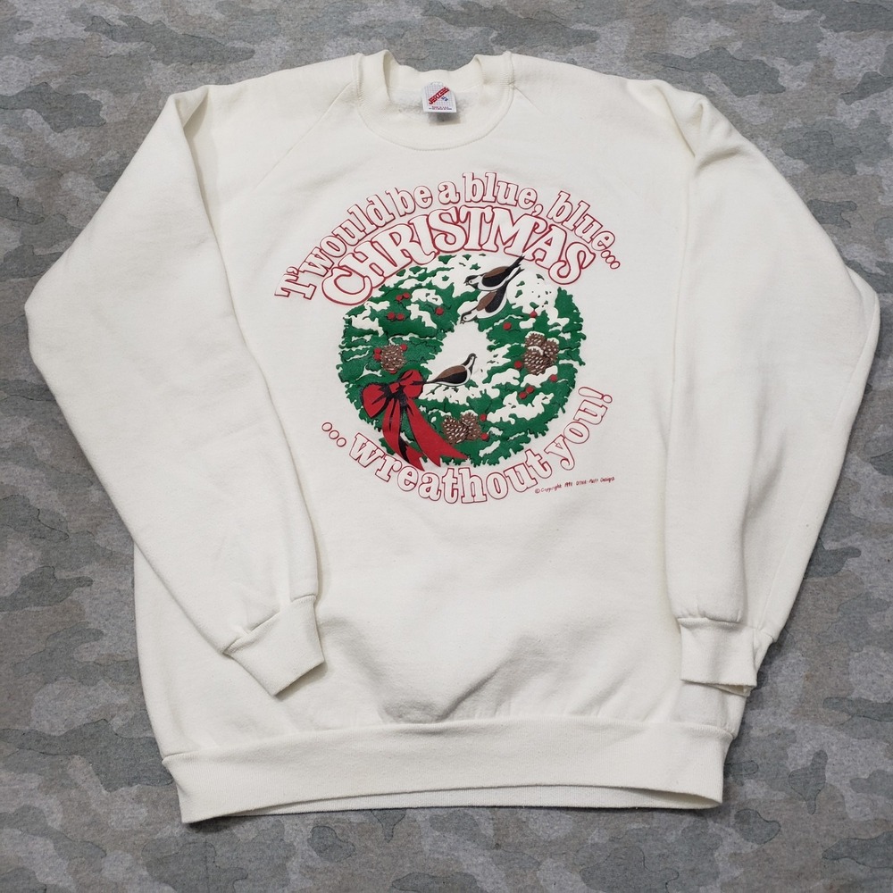 Vintage Jerzees Christmas Sweatshirt Mens XL White Pullover Long Sleeve